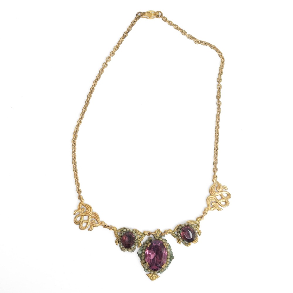 Vintage Art Deco Amethyst Purple Rhinestone Bib Necklace Gold Metal  14.5"